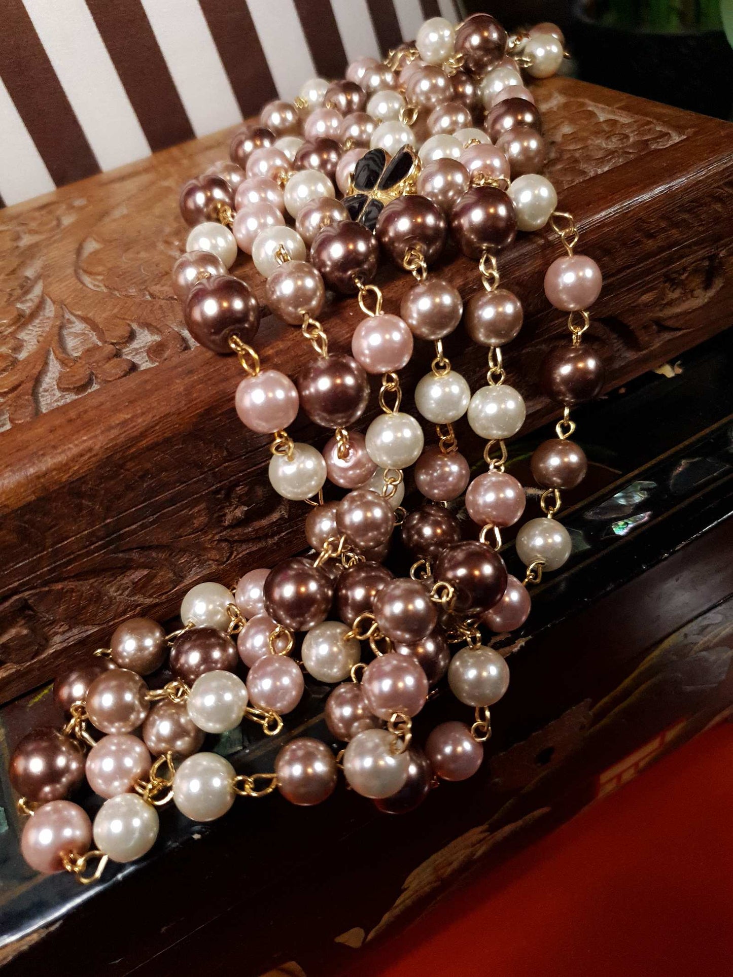Vintage 90s Faux Pearl Necklace 34" Flapper Long Pearls Pink Cream Bronze