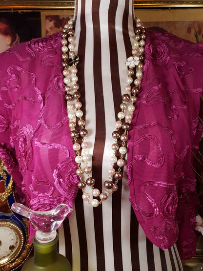 Vintage 90s Faux Pearl Necklace 34" Flapper Long Pearls Pink Cream Bronze