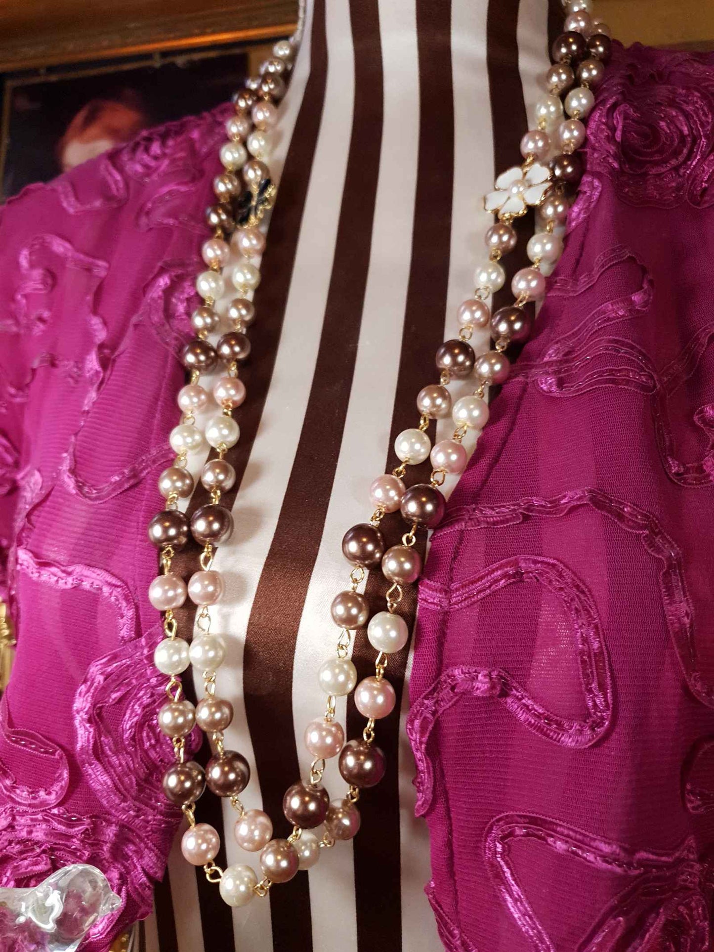Vintage 90s Faux Pearl Necklace 34" Flapper Long Pearls Pink Cream Bronze