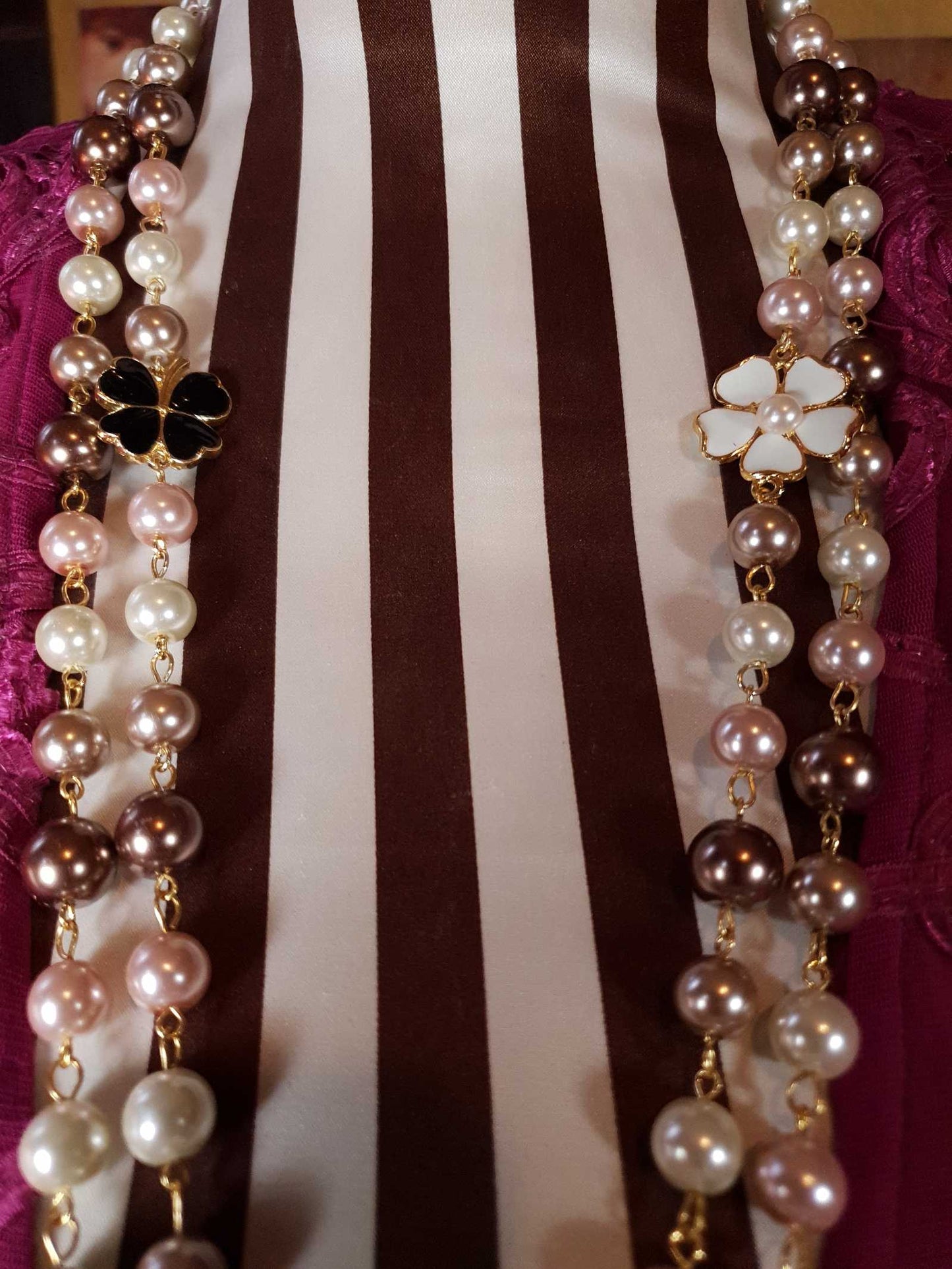 Vintage 90s Faux Pearl Necklace 34" Flapper Long Pearls Pink Cream Bronze