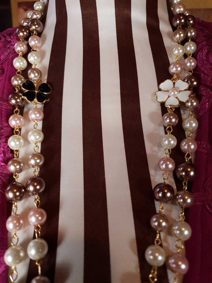 Vintage 90s Faux Pearl Necklace 34" Flapper Long Pearls Pink Cream Bronze