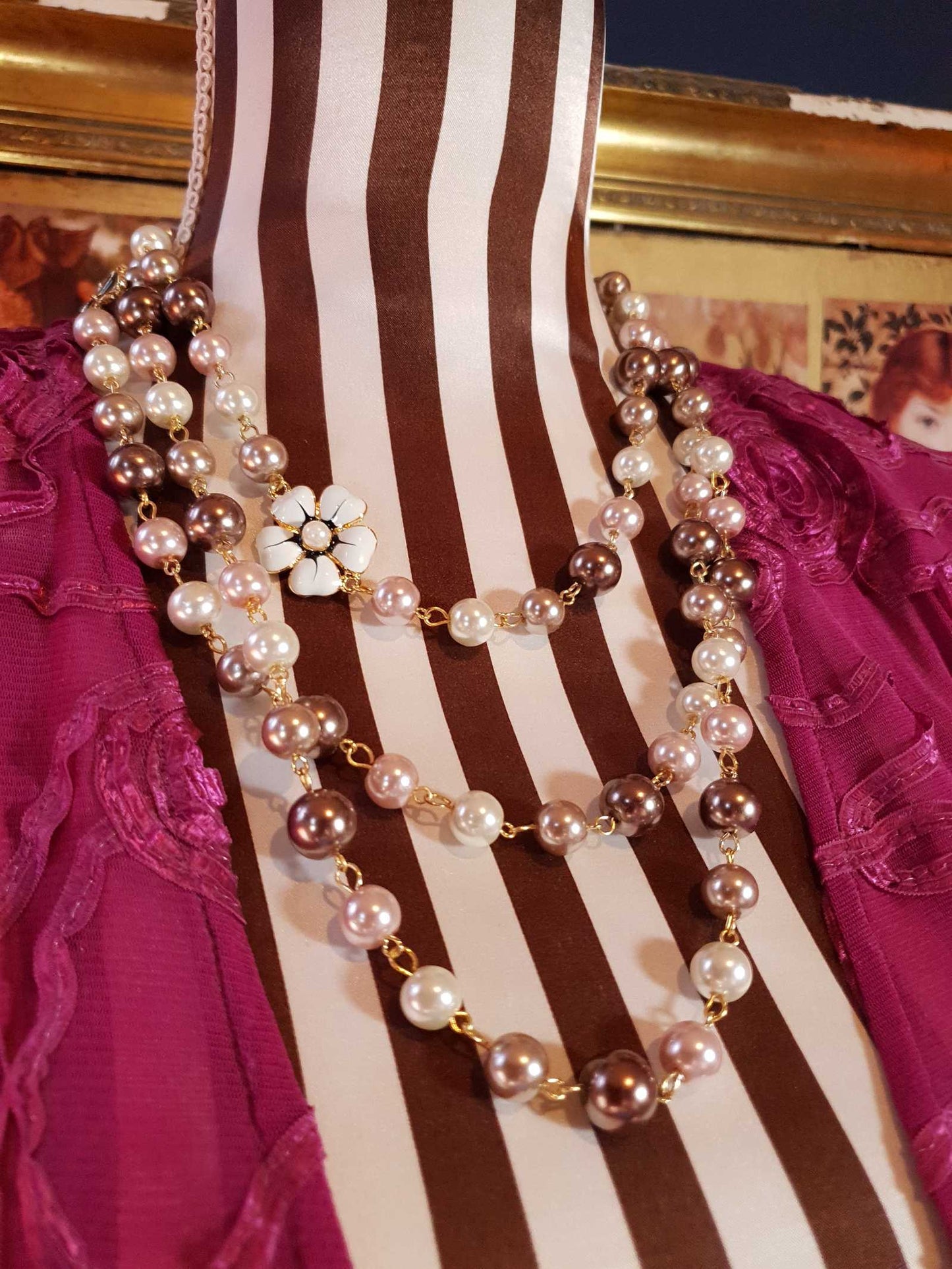 Vintage 90s Faux Pearl Necklace 34" Flapper Long Pearls Pink Cream Bronze