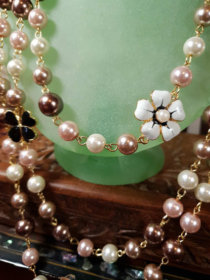 Vintage 90s Faux Pearl Necklace 34" Flapper Long Pearls Pink Cream Bronze
