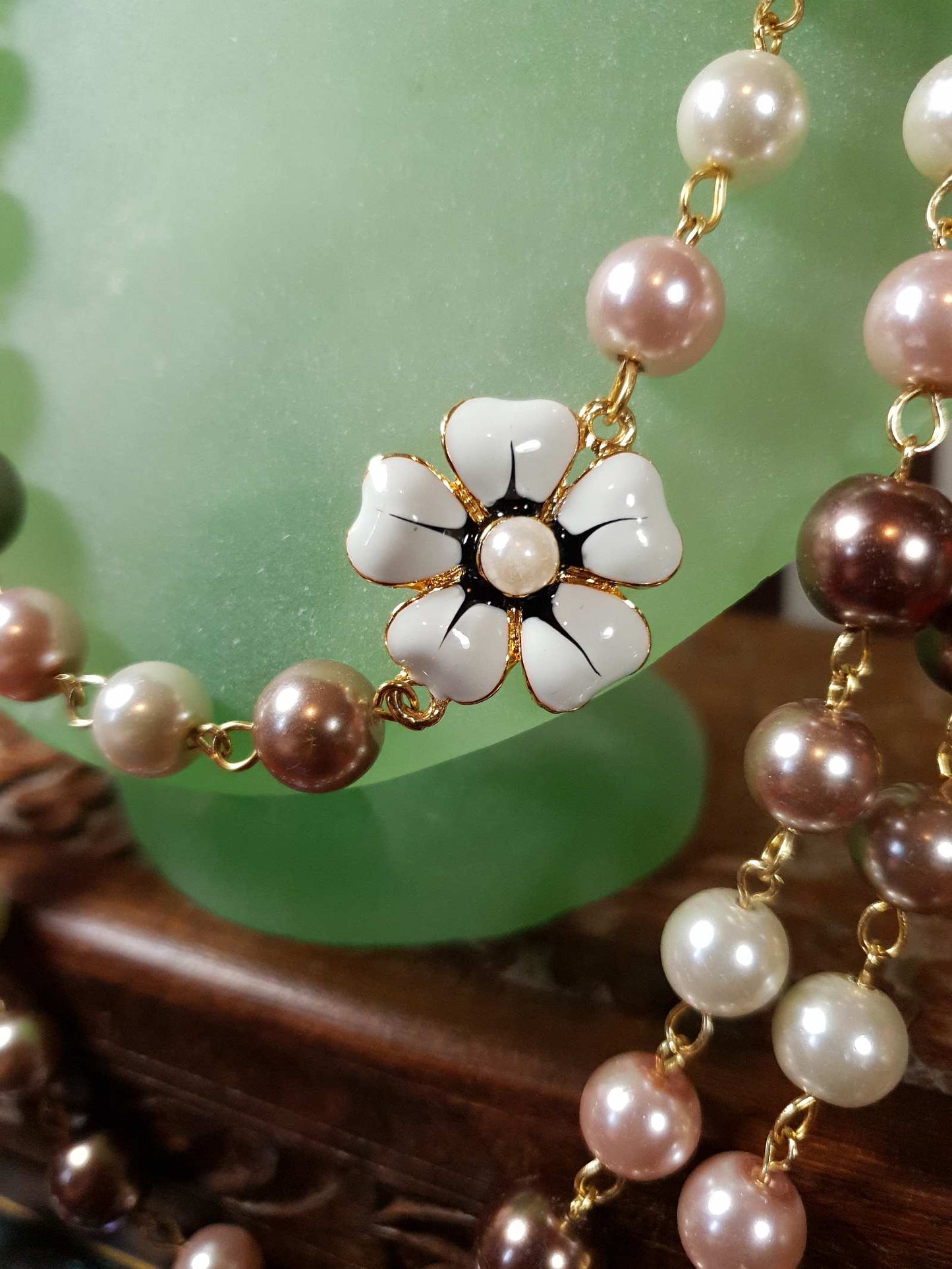 Vintage 90s Faux Pearl Necklace 34" Flapper Long Pearls Pink Cream Bronze