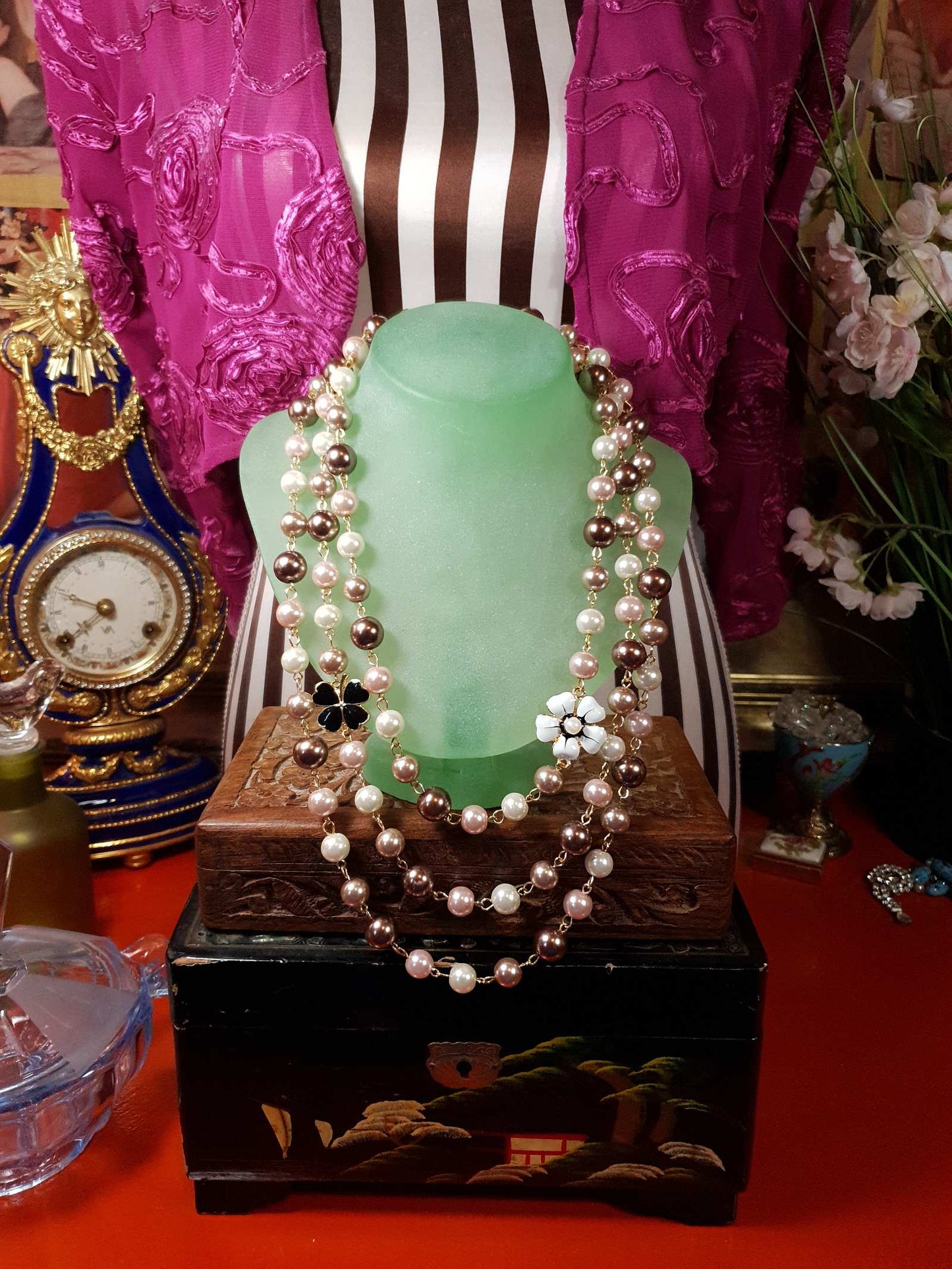 Vintage 90s Faux Pearl Necklace 34" Flapper Long Pearls Pink Cream Bronze