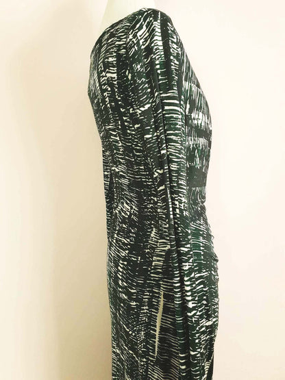 Vintage 90s Ghost London Wrap Midi Dress Green Black Print Size 10