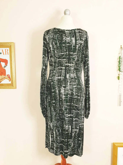 Vintage 90s Ghost London Wrap Midi Dress Green Black Print Size 10