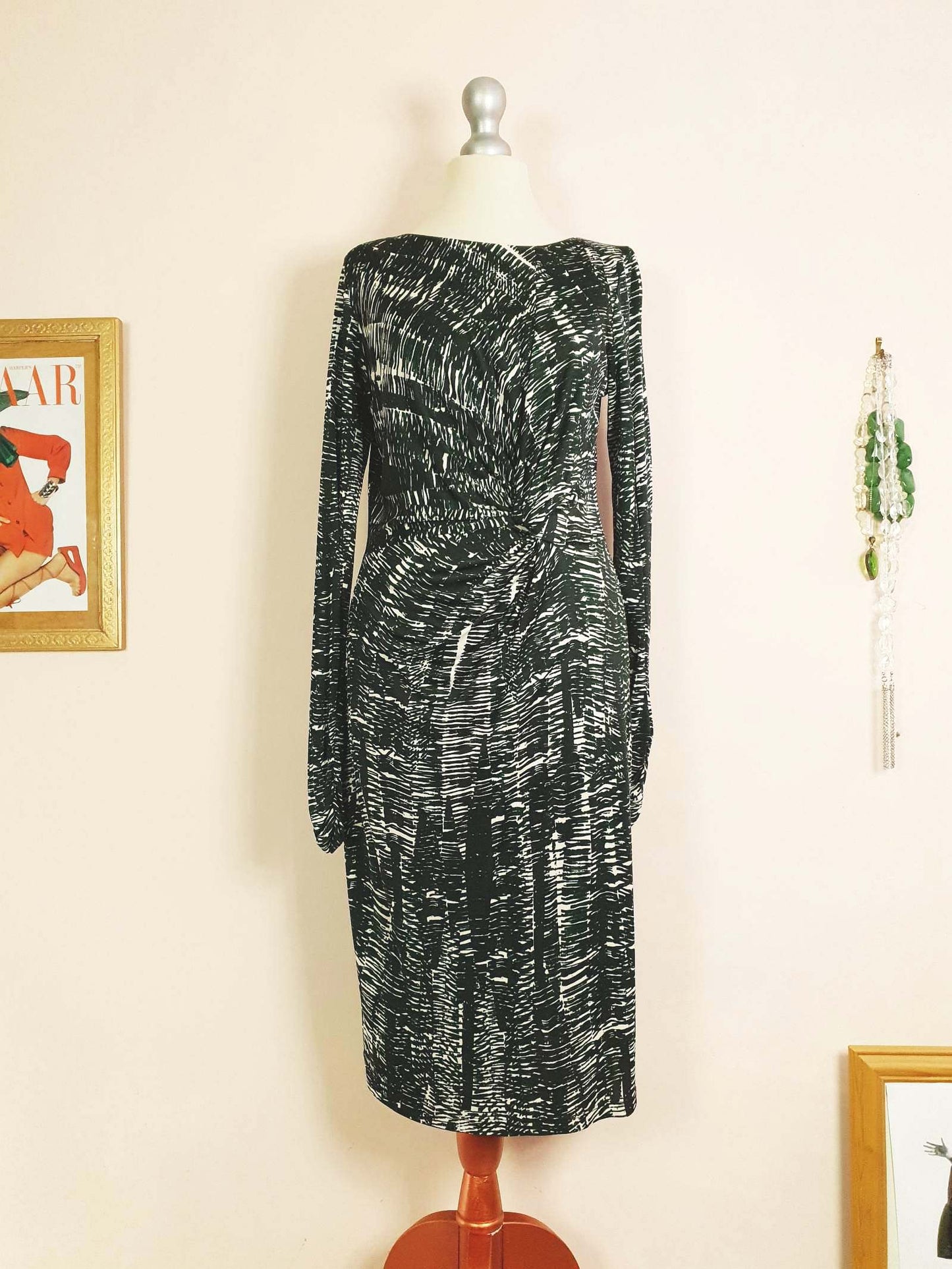 Vintage 90s Ghost London Wrap Midi Dress Green Black Print Size 10