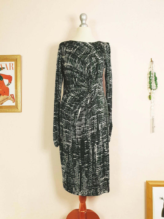 Vintage 90s Ghost London Wrap Midi Dress Green Black Print Size 10