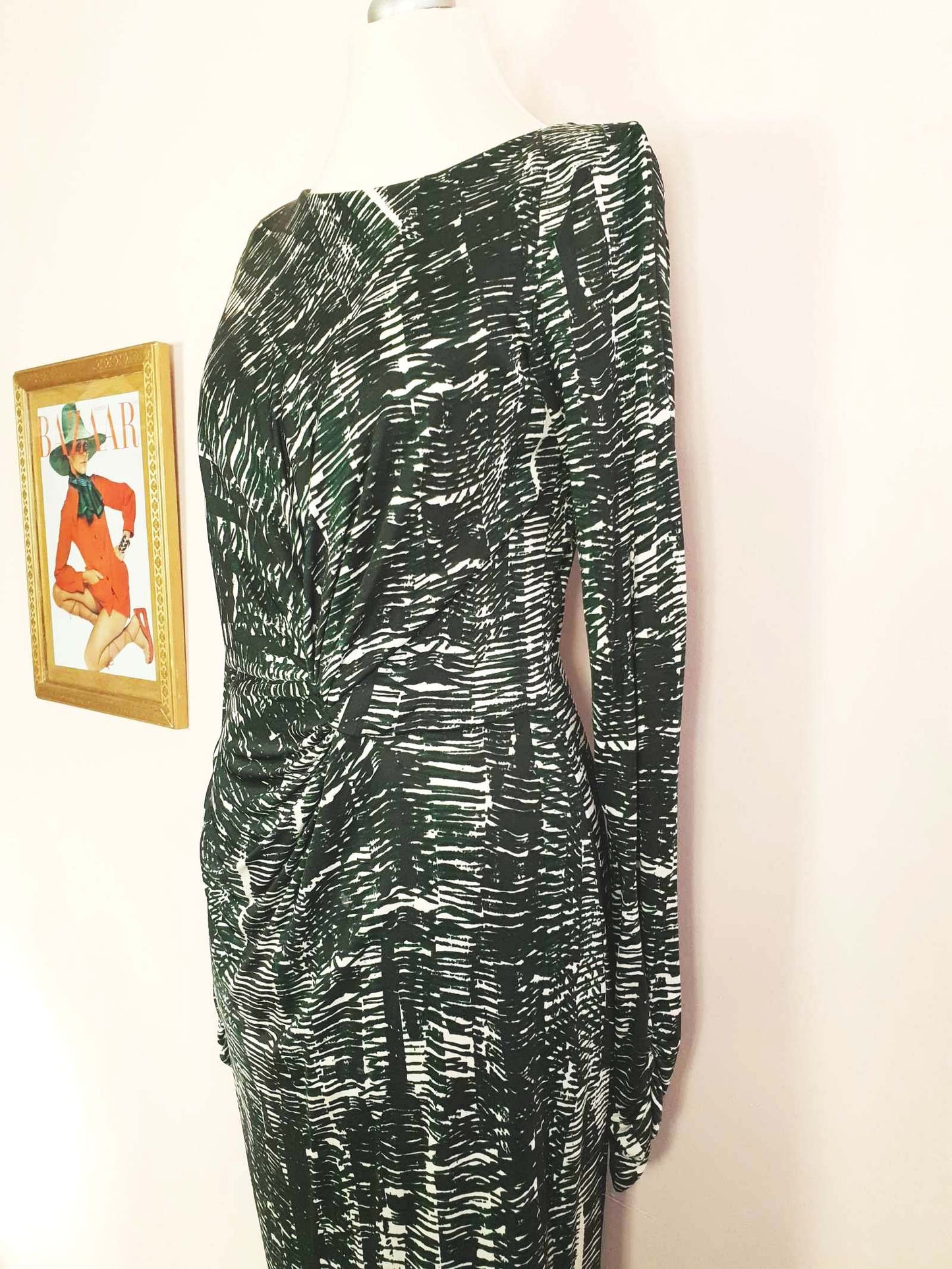 Vintage 90s Ghost London Wrap Midi Dress Green Black Print Size 10