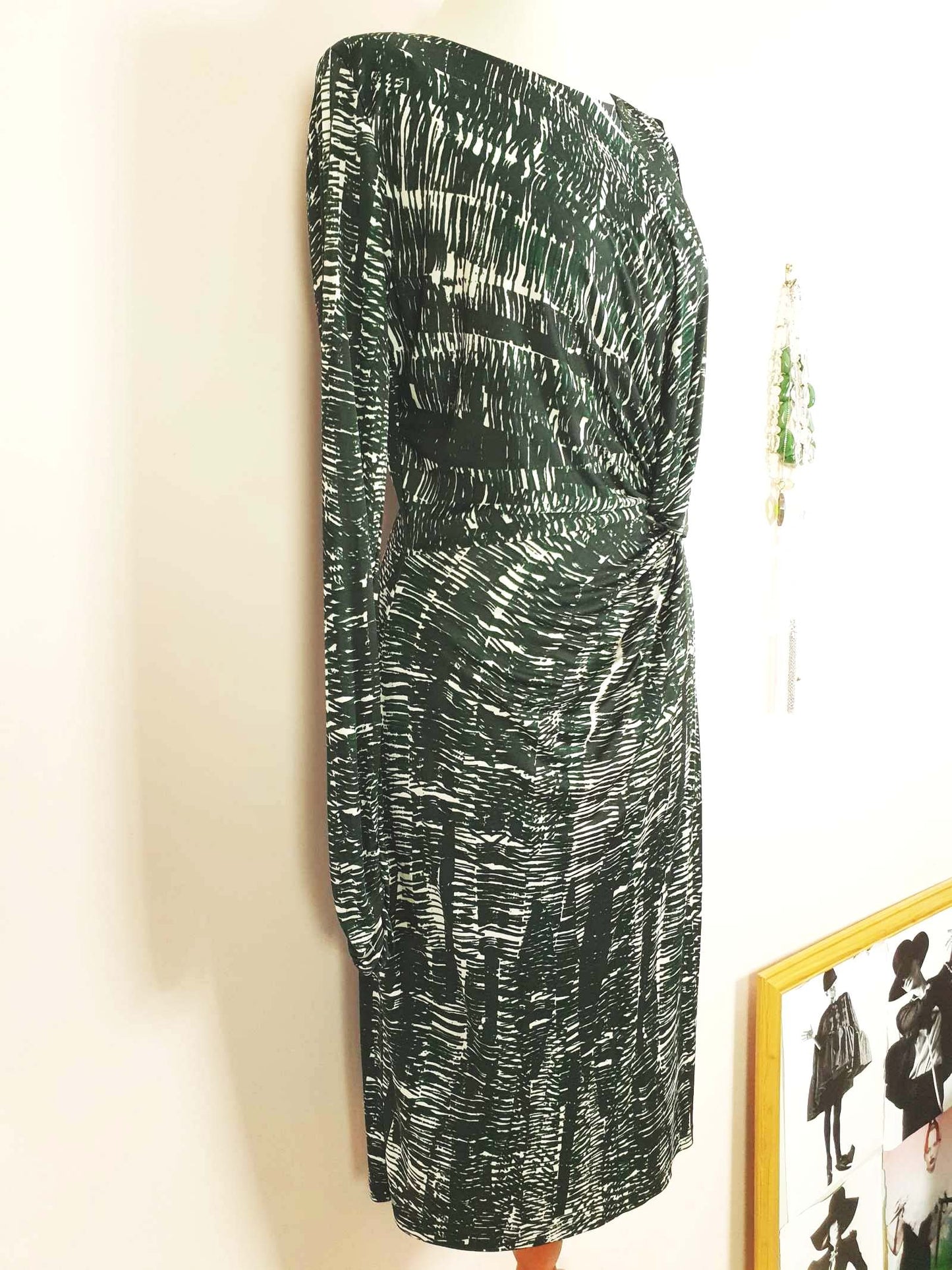 Vintage 90s Ghost London Wrap Midi Dress Green Black Print Size 10