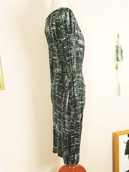 Vintage 90s Ghost London Wrap Midi Dress Green Black Print Size 10