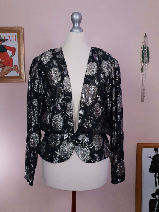 Vintage Glitter Floral Top Blouse 1990s Size 10/12 Chiffon Semi Sheer