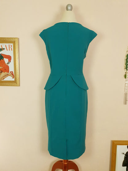Vintage 90s Turquoise Midi Dress Peplum Size 18