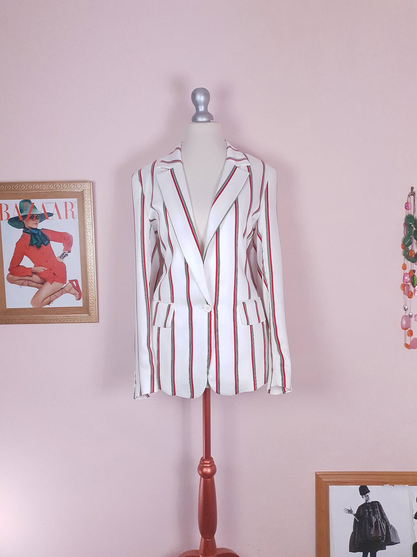 White & Red Pinstripe Jacket Blazer Preppy Nautical Size 12 - Pre-Owned