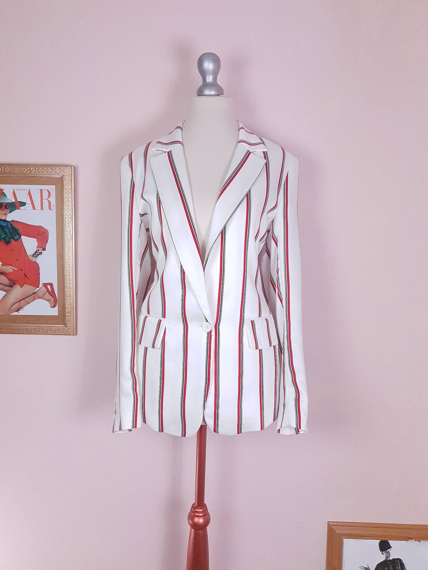 White & Red Pinstripe Jacket Blazer Preppy Nautical Size 12 - Pre-Owned