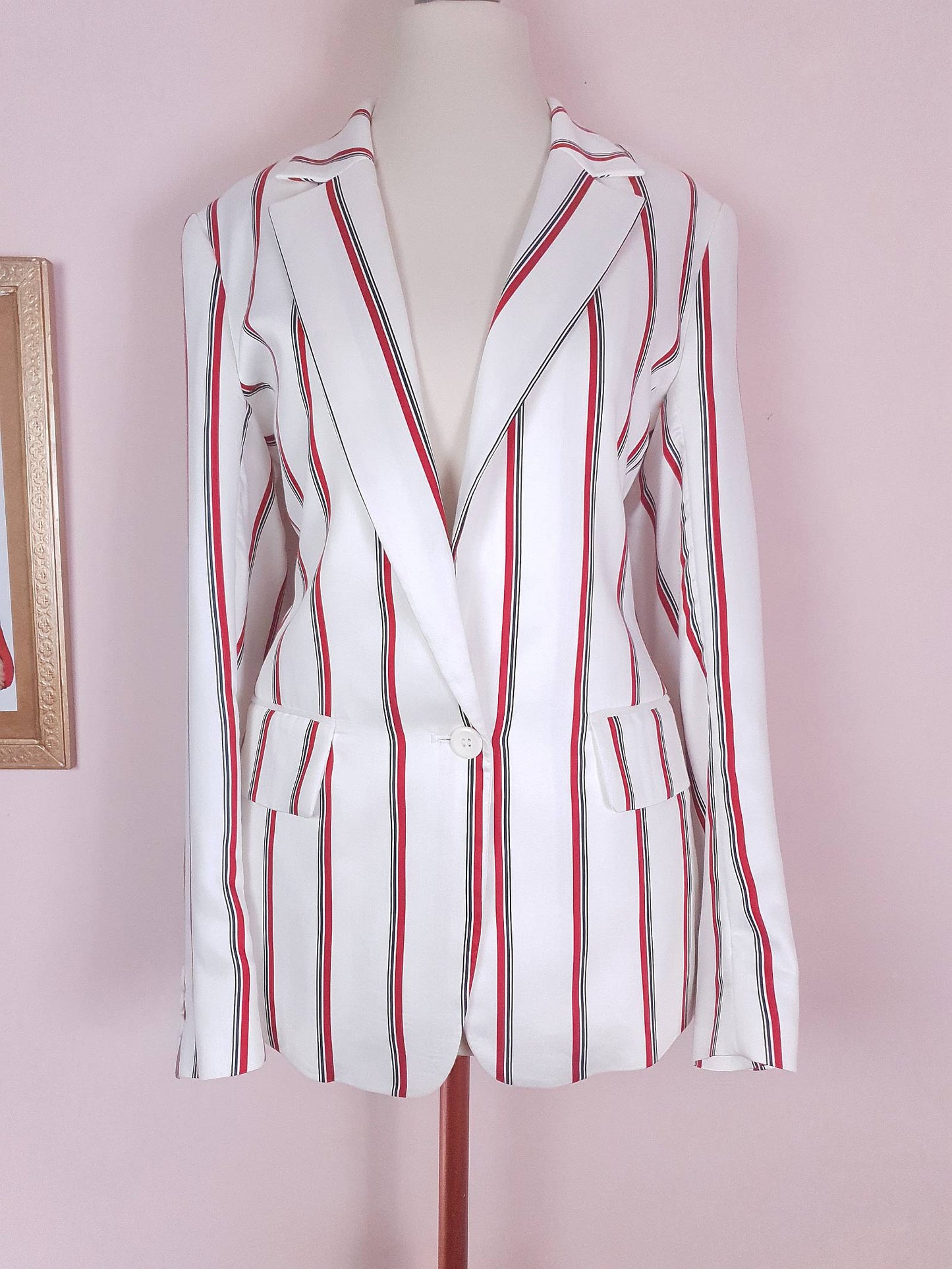 White & Red Pinstripe Jacket Blazer Preppy Nautical Size 12 - Pre-Owned