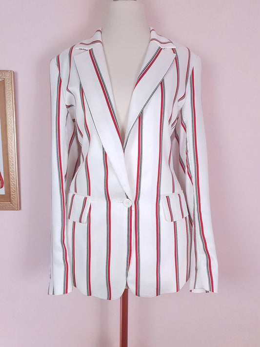 White & Red Pinstripe Jacket Blazer Preppy Nautical Size 12 - Pre-Owned