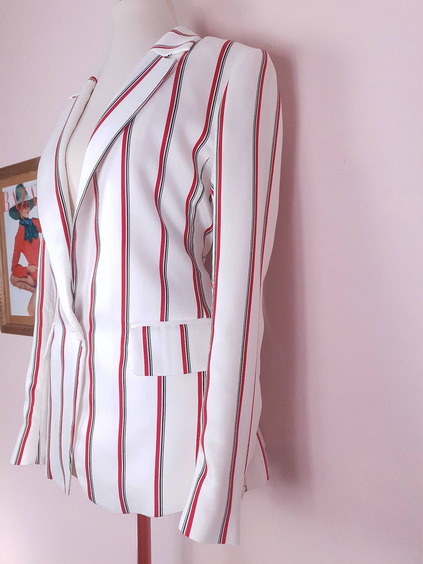 White & Red Pinstripe Jacket Blazer Preppy Nautical Size 12 - Pre-Owned