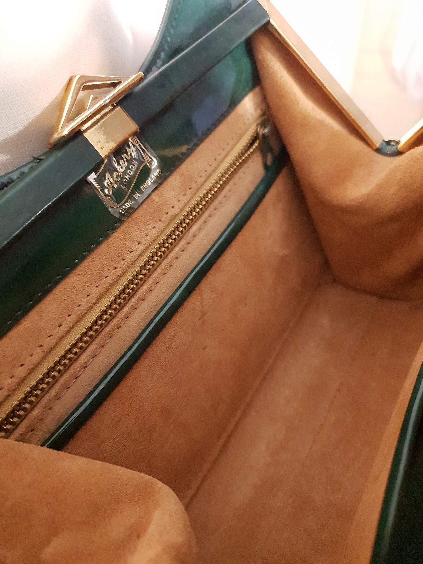 English Classics - Gorgeous 1950s Ackery London Green Marble Patent Handbag Tote