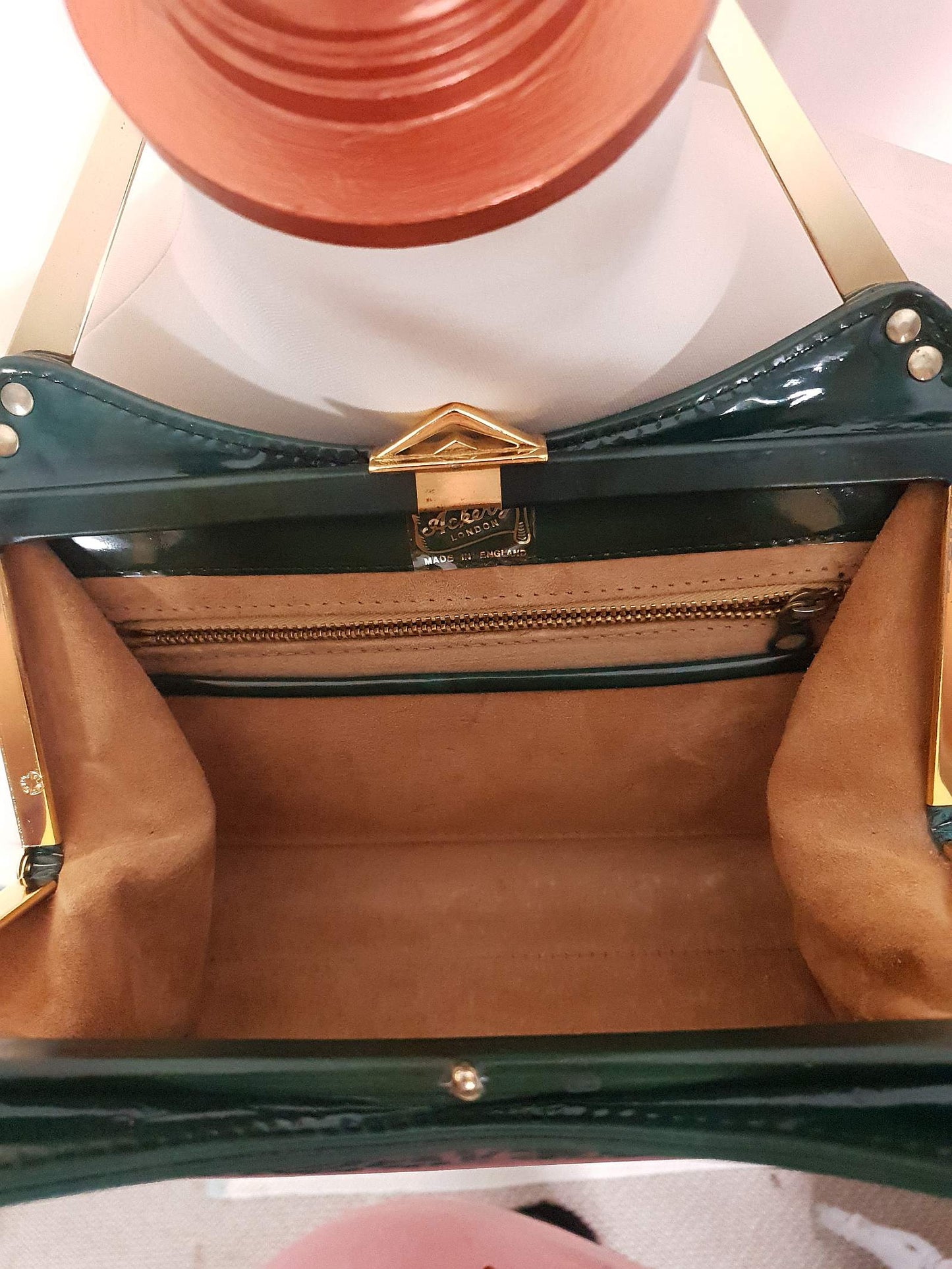 English Classics - Gorgeous 1950s Ackery London Green Marble Patent Handbag Tote