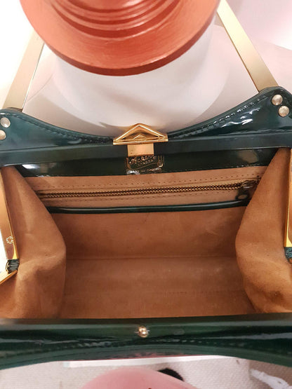 English Classics - Gorgeous 1950s Ackery London Green Marble Patent Handbag Tote