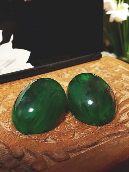 Vintage Art Deco Green Bakelite Earrings 1930s Marbled French Oval Domed Large - Rare