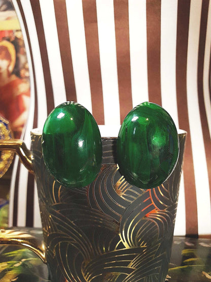 Vintage Art Deco Green Bakelite Earrings 1930s Marbled French Oval Domed Large - Rare