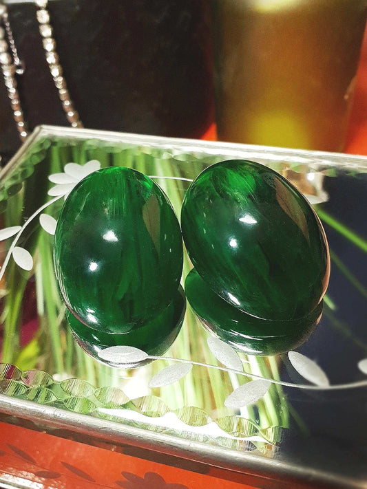 Vintage Art Deco Green Bakelite Earrings 1930s Marbled French Oval Domed Large - Rare