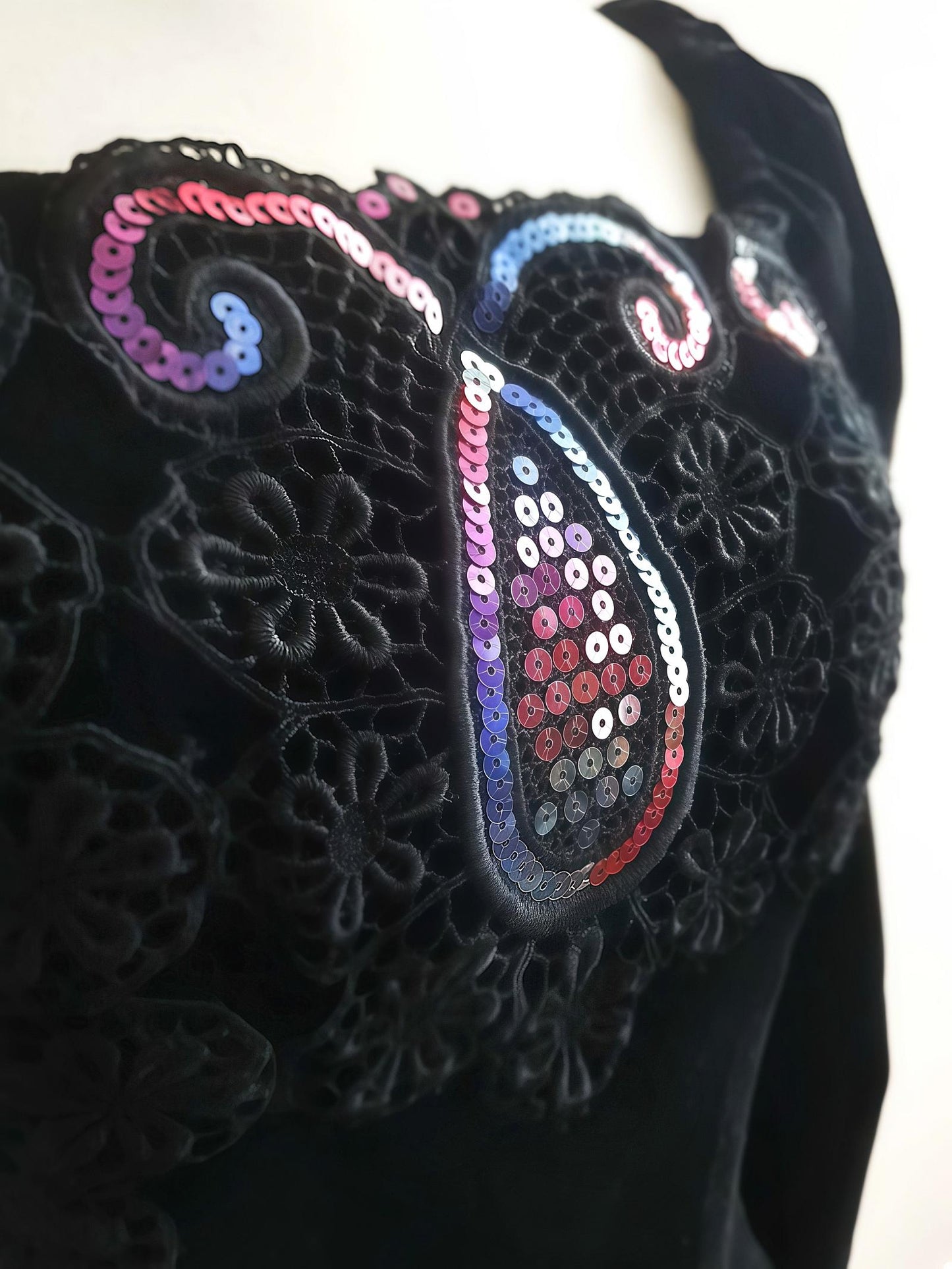 Vintage Black Velvet Sequin Boho Top Blouse Bohemian Party 1980s - Size 10