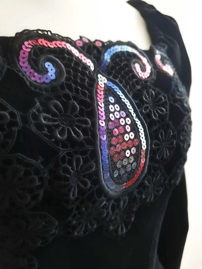 Vintage Black Velvet Sequin Boho Top Blouse Bohemian Party 1980s - Size 10