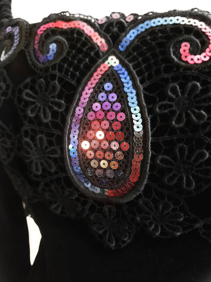 Vintage Black Velvet Sequin Boho Top Blouse Bohemian Party 1980s - Size 10