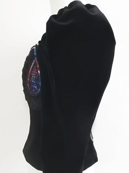 Vintage Black Velvet Sequin Boho Top Blouse Bohemian Party 1980s - Size 10