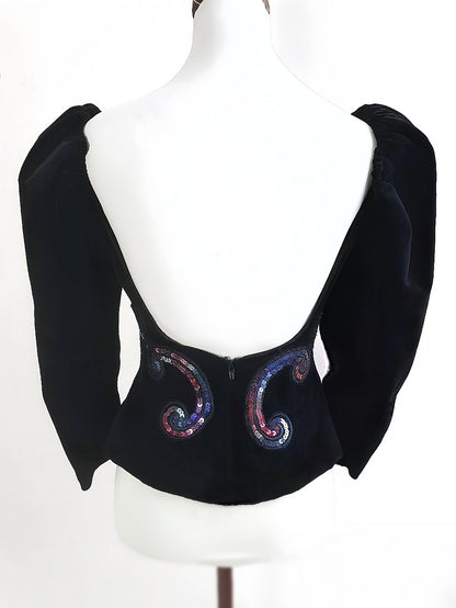 Vintage Black Velvet Sequin Boho Top Blouse Bohemian Party 1980s - Size 10
