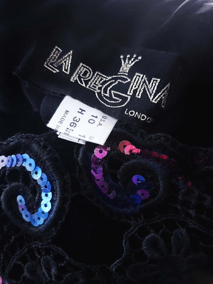 Vintage Black Velvet Sequin Boho Top Blouse Bohemian Party 1980s - Size 10