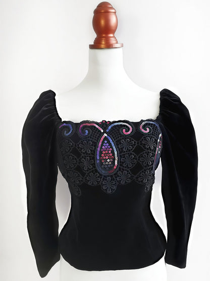 Vintage Black Velvet Sequin Boho Top Blouse Bohemian Party 1980s - Size 10