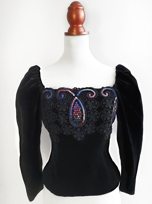 Vintage Black Velvet Sequin Boho Top Blouse Bohemian Party 1980s - Size 10