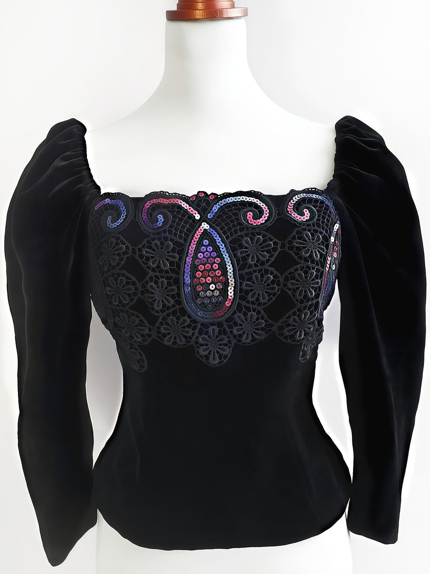Vintage Black Velvet Sequin Boho Top Blouse Bohemian Party 1980s - Size 10