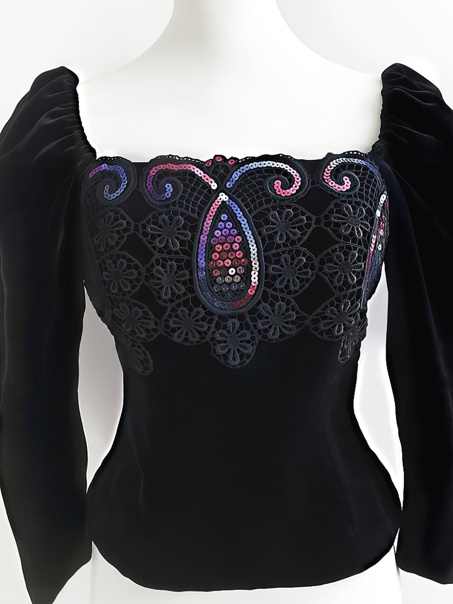 Vintage Black Velvet Sequin Boho Top Blouse Bohemian Party 1980s - Size 10