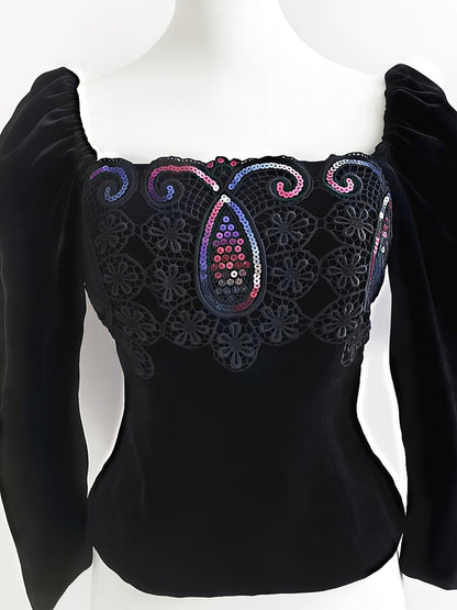 Vintage Black Velvet Sequin Boho Top Blouse Bohemian Party 1980s - Size 10