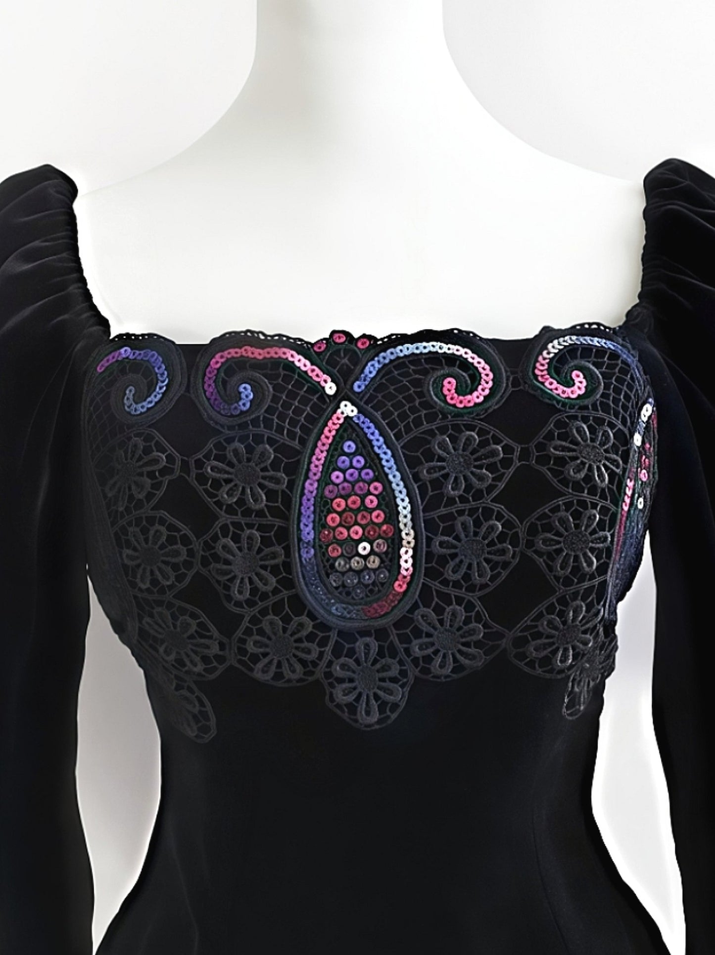 Vintage Black Velvet Sequin Boho Top Blouse Bohemian Party 1980s - Size 10