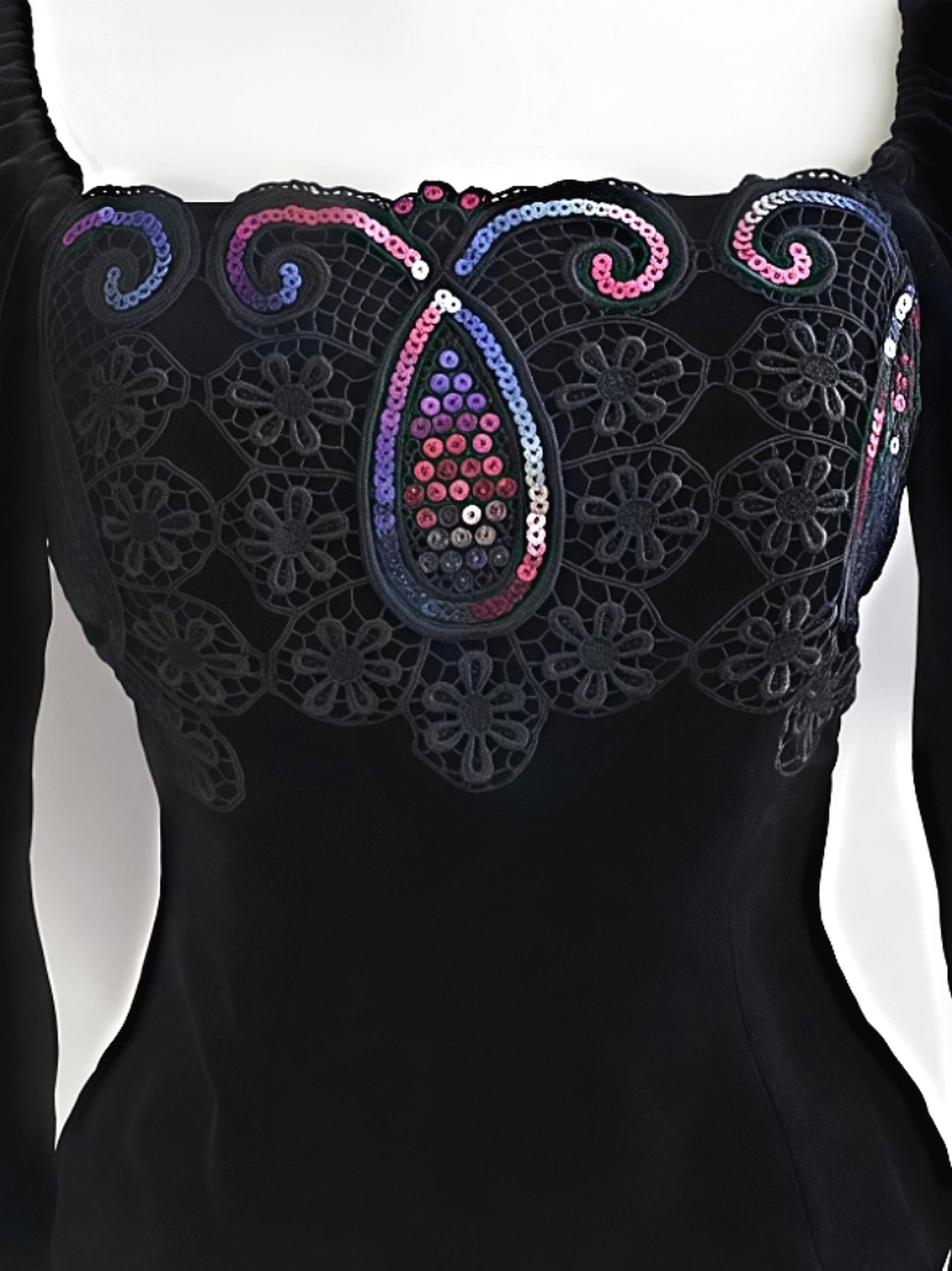 Vintage Black Velvet Sequin Boho Top Blouse Bohemian Party 1980s - Size 10