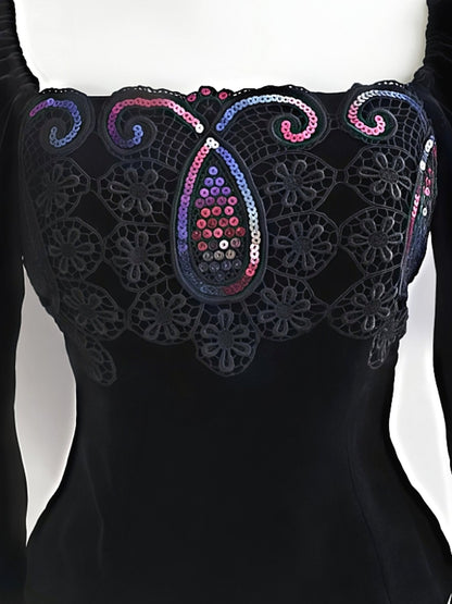 Vintage Black Velvet Sequin Boho Top Blouse Bohemian Party 1980s - Size 10