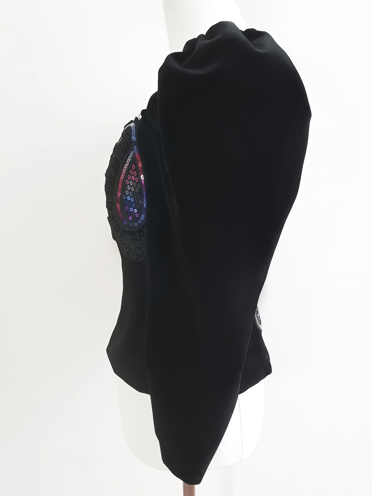 Vintage Black Velvet Sequin Boho Top Blouse Bohemian Party 1980s - Size 10