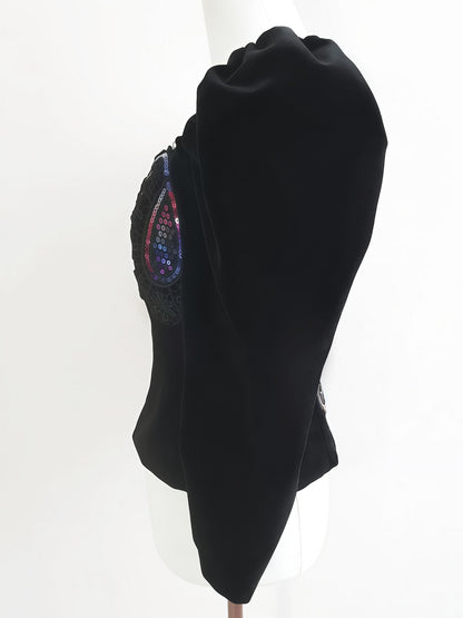 Vintage Black Velvet Sequin Boho Top Blouse Bohemian Party 1980s - Size 10