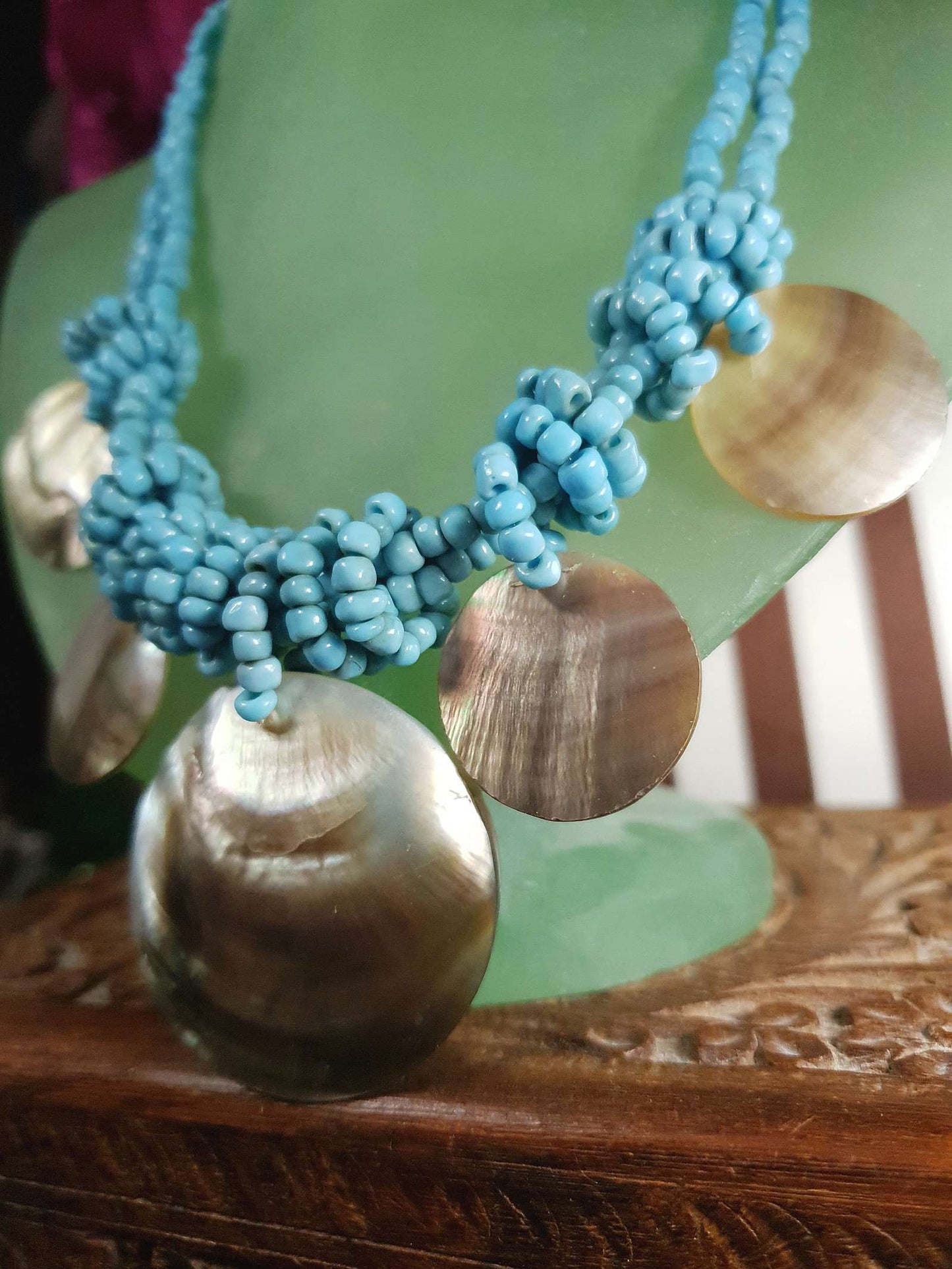 Vintage Mother of Pearl Boho Necklace 16" Blue Bead Bohemian Retro MOP