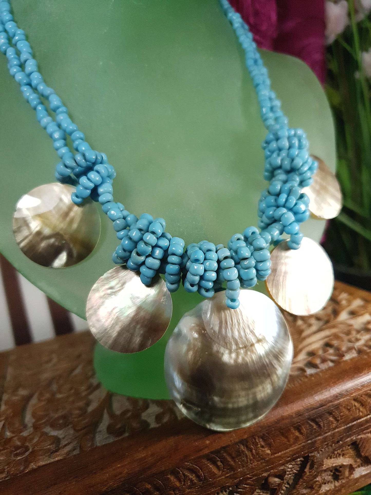 Vintage Mother of Pearl Boho Necklace 16" Blue Bead Bohemian Retro MOP