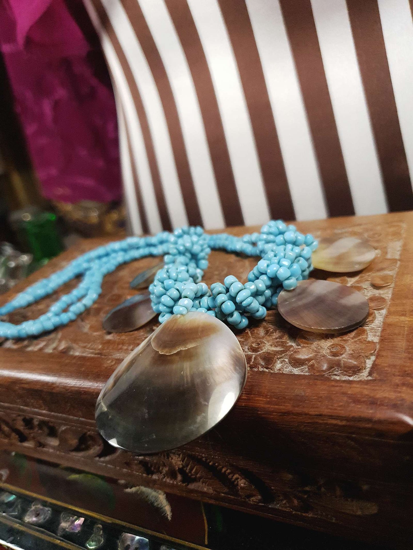 Vintage Mother of Pearl Boho Necklace 16" Blue Bead Bohemian Retro MOP