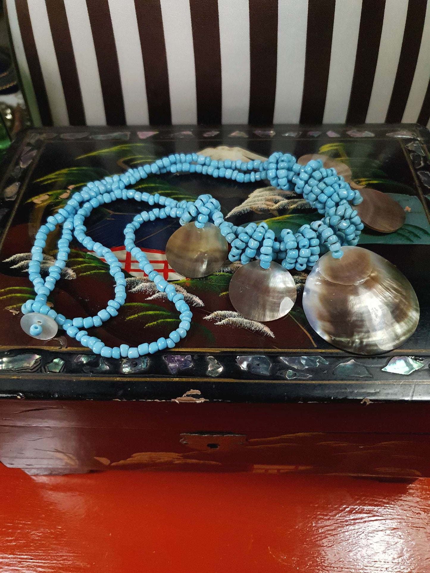 Vintage Mother of Pearl Boho Necklace 16" Blue Bead Bohemian Retro MOP