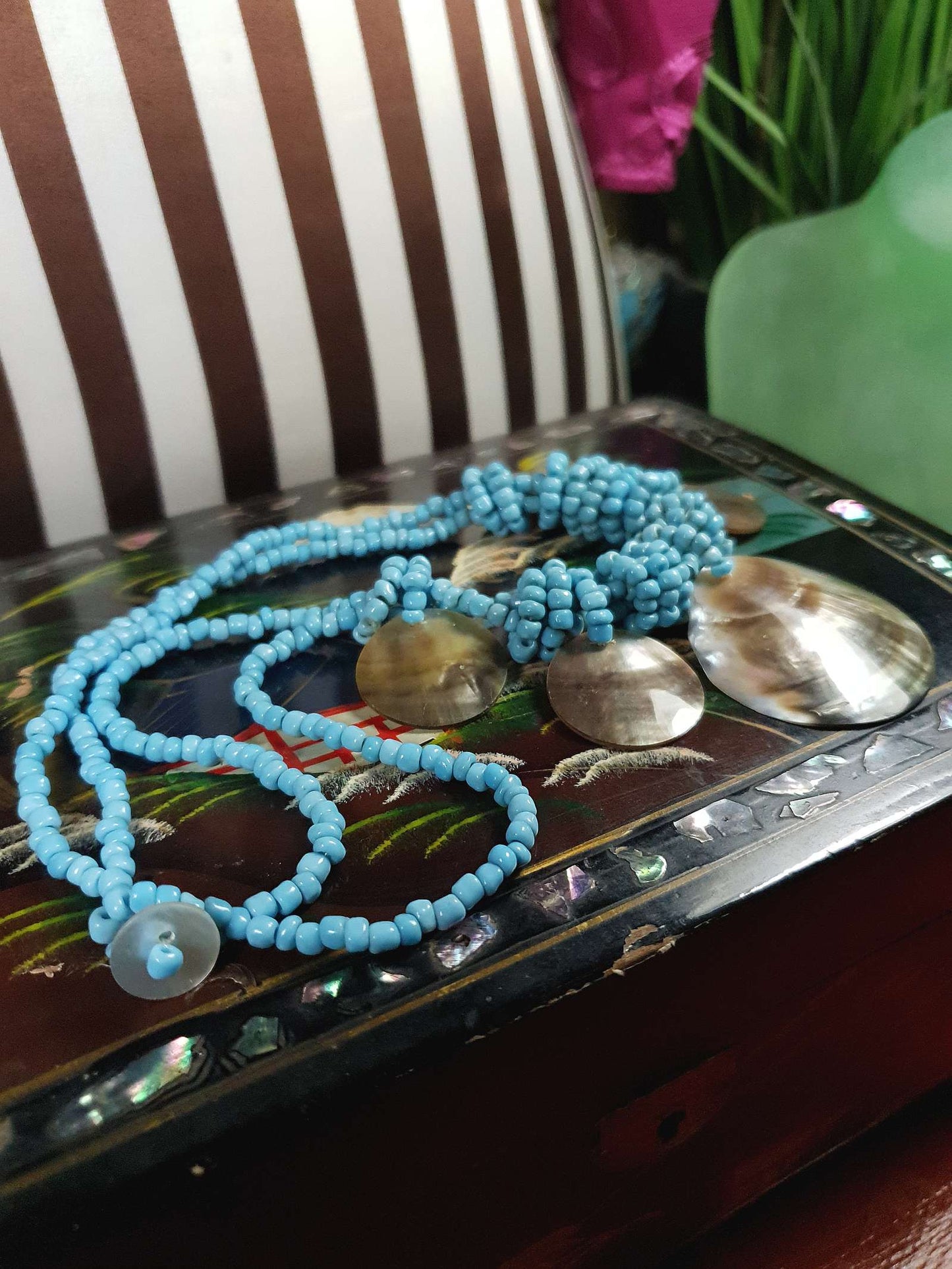 Vintage Mother of Pearl Boho Necklace 16" Blue Bead Bohemian Retro MOP